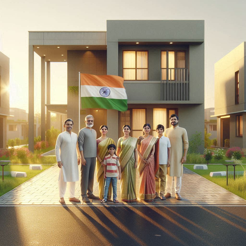 प्रधानमंत्री आवास योजना 2026 के तहत नया पक्का घर और खुशहाल भारतीय परिवार का दृश्य