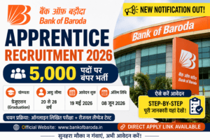 🏦 Bank of Baroda Apprentice Recruitment 2026: 5,000 पदों पर बंपर भर्ती, ग्रेजुएट्स के लिए सुनहरा मौका Bank of Baroda Apprentice Recruitment 2026 notification banner showing 5,000 vacancies, eligibility, and application dates for graduates