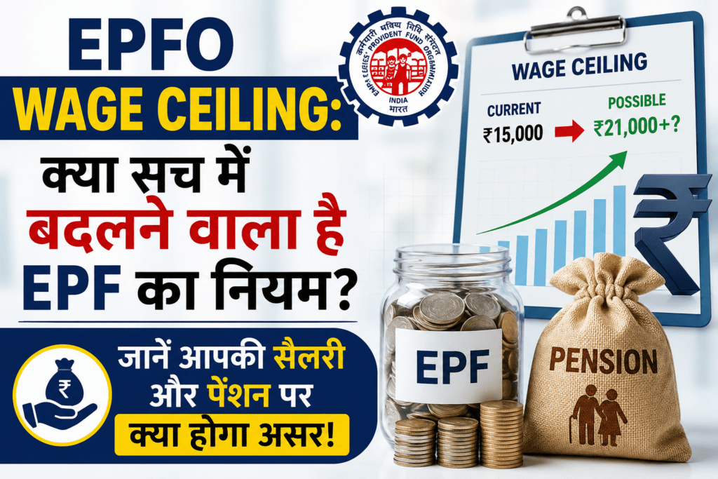 ऑफिस में काम करता कर्मचारी और EPFO का लोगो, साथ में PF और पेंशन ग्राफ दिखाया गया