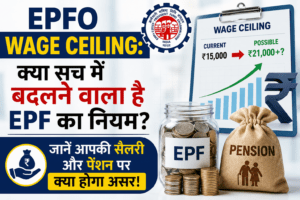 ऑफिस में काम करता कर्मचारी और EPFO का लोगो, साथ में PF और पेंशन ग्राफ दिखाया गया