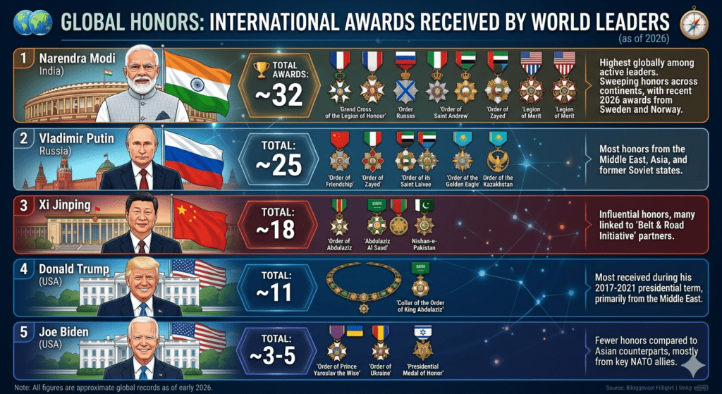 Infographic showing international awards received by world leaders including Narendra Modi and Vladimir Putin
