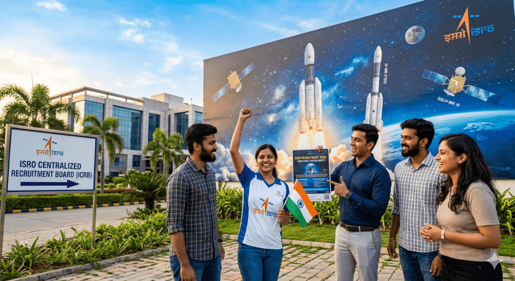 ISRO Recruitment 2026 notification for Scientist, Engineer, and Technician posts with young applicants standing outside ICRB building