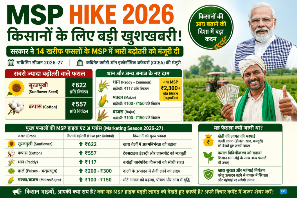 MSP Hike 2026 के तहत केंद्र सरकार ने 14 खरीफ फसलों के न्यूनतम समर्थन मूल्य में भारी बढ़ोतरी की है। जानें धान, कपास, सूरजमुखी और दालों के नए MSP रेट और किसानों को मिलने वाला फायदा।
