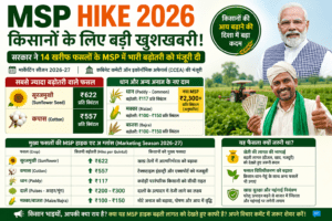 MSP Hike 2026 के तहत केंद्र सरकार ने 14 खरीफ फसलों के न्यूनतम समर्थन मूल्य में भारी बढ़ोतरी की है। जानें धान, कपास, सूरजमुखी और दालों के नए MSP रेट और किसानों को मिलने वाला फायदा।