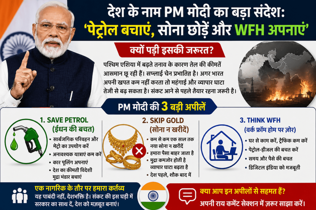 प्रधानमंत्री नरेंद्र मोदी देशवासियों से पेट्रोल बचाने, सोना न खरीदने और Work From Home अपनाने की अपील करते हुए
