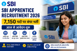 SBI Apprentice Recruitment 2026: 7,150 पदों पर भर्ती, आज से आवेदन शुरू SBI Apprentice Recruitment 2026 feature image showing 7150 vacancies with apply online details, stipend, eligibility and last date information.