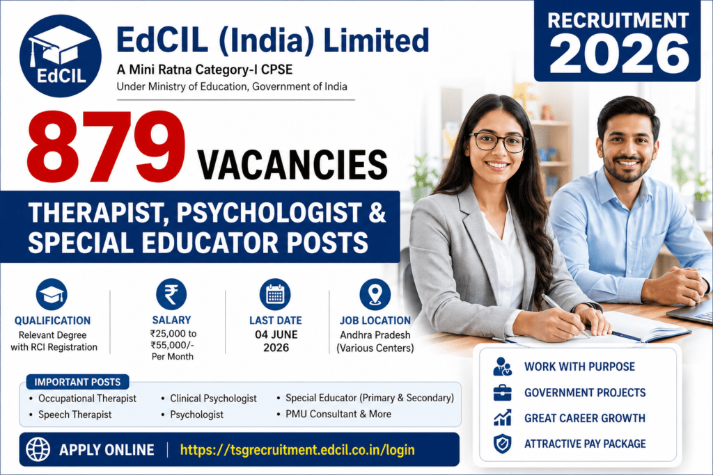 EdCIL Recruitment 2026 notification for 879 Therapist, Psychologist and Special Educator vacancies