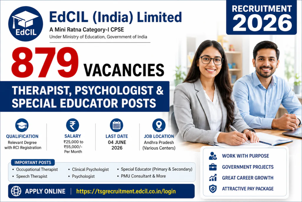 EdCIL Recruitment 2026 notification for 879 Therapist, Psychologist and Special Educator vacancies