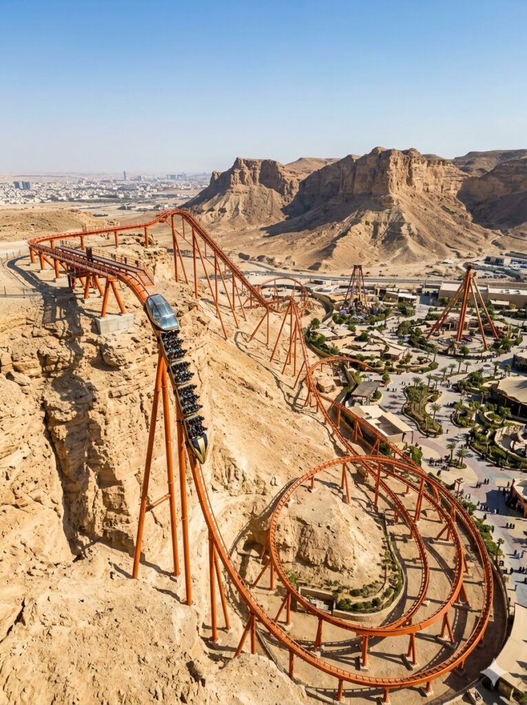 Falcon’s Flight roller coaster in Qiddiya City Saudi Arabia extreme speed drop desert cliff world fastest roller coaster