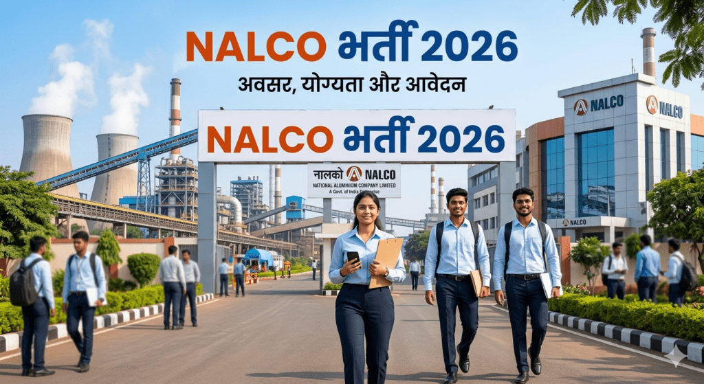 NALCO भर्ती 2026 की जानकारी देता हुआ बैनर इमेज जिसमें कंपनी का प्लांट और कुछ उम्मीदवार दिखाई दे रहे हैं