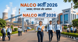 NALCO भर्ती 2026 की जानकारी देता हुआ बैनर इमेज जिसमें कंपनी का प्लांट और कुछ उम्मीदवार दिखाई दे रहे हैं