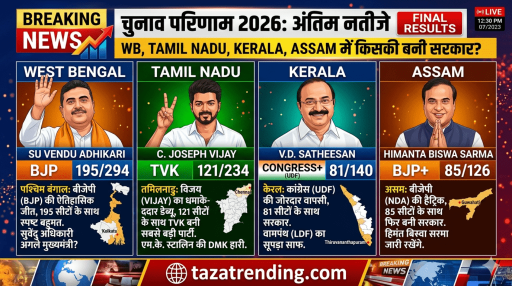 Election Result 2026 final results West Bengal Tamil Nadu Kerala Assam winning party BJP Congress TVK