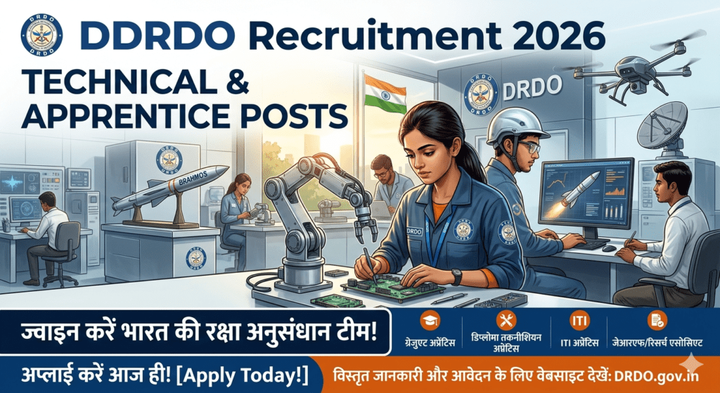 DRDO Recruitment 2026 banner showing technicians working on robotics, electronics, and defense technology in a high-tech lab
