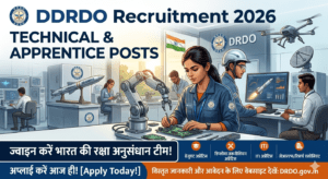 DRDO Recruitment 2026 banner showing technicians working on robotics, electronics, and defense technology in a high-tech lab