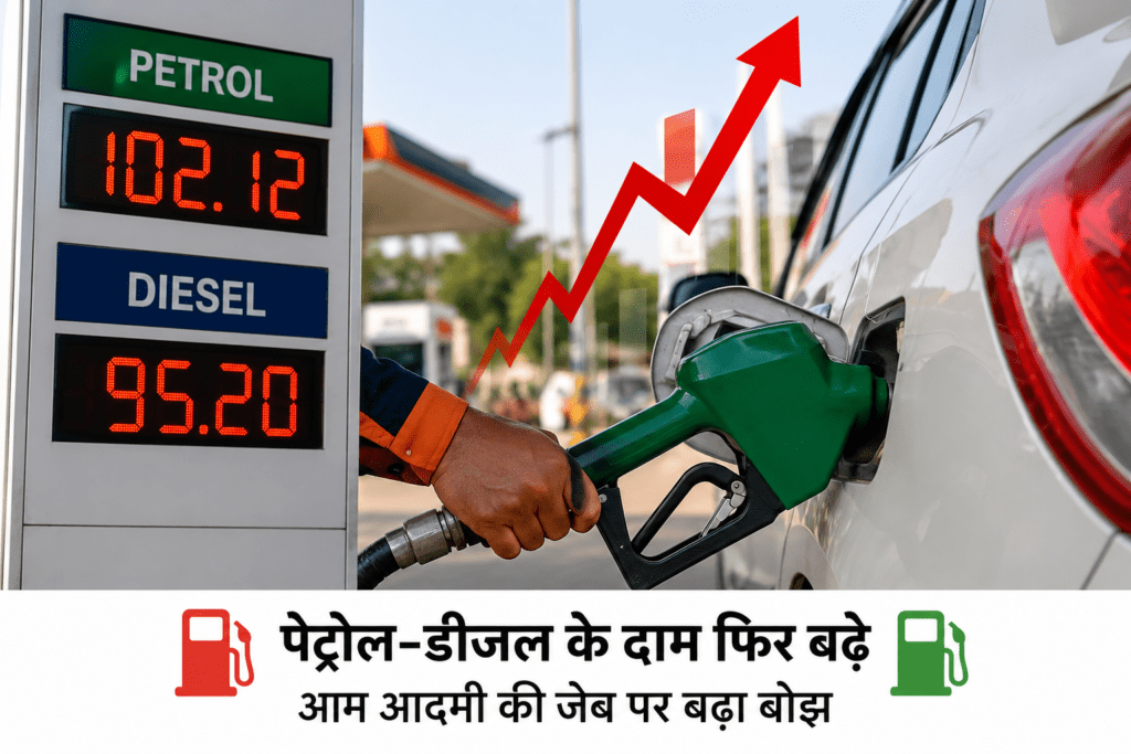 Fuel price hike at petrol pump in India with global crude oil price rise concept and economic impact visualization