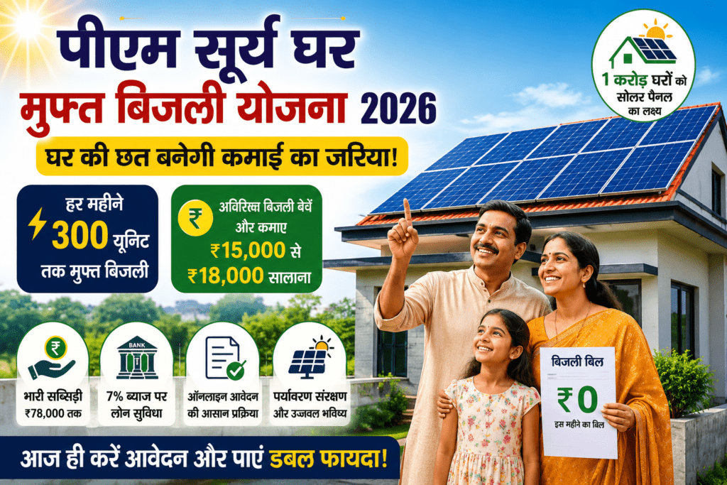 पीएम सूर्य घर मुफ्त बिजली योजना 2026 के तहत घर की छत पर सोलर पैनल लगाकर मुफ्त बिजली और कमाई का लाभ