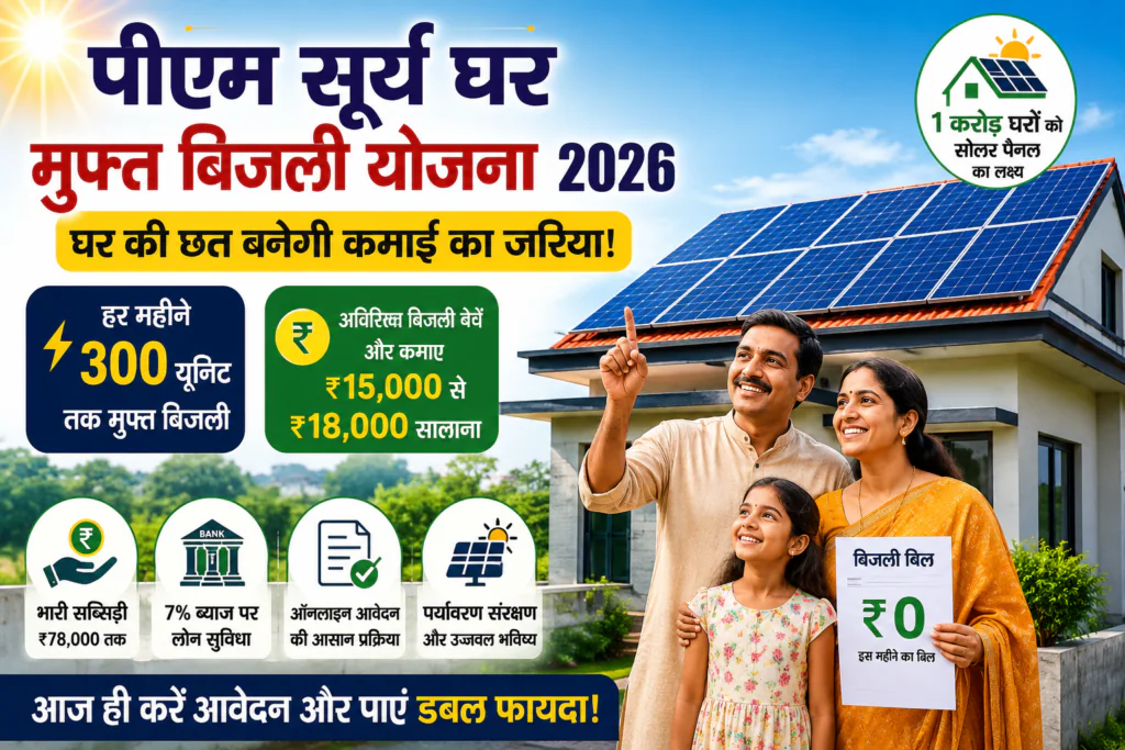 पीएम सूर्य घर मुफ्त बिजली योजना 2026 के तहत घर की छत पर सोलर पैनल लगाकर मुफ्त बिजली और कमाई का लाभ
