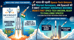 Skyroot Aerospace और Vikram-1 rocket launch concept image showing India’s first space-tech unicorn success