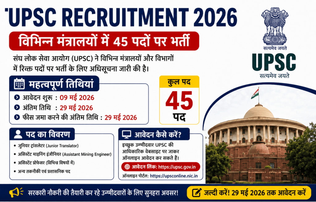 UPSC Recruitment 2026 के तहत विभिन्न मंत्रालयों में 45 पदों पर भर्ती का सरकारी नोटिस और आवेदन तिथियां