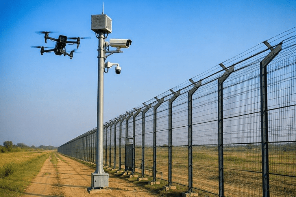 India Smart Border Project ISBS showing advanced border fence with drone surveillance and AI security system