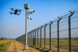 India’s Smart Border Project: Integrated Smart Border Suite (ISBS) से बदलेगी भारत की Border Security India Smart Border Project ISBS showing advanced border fence with drone surveillance and AI security system