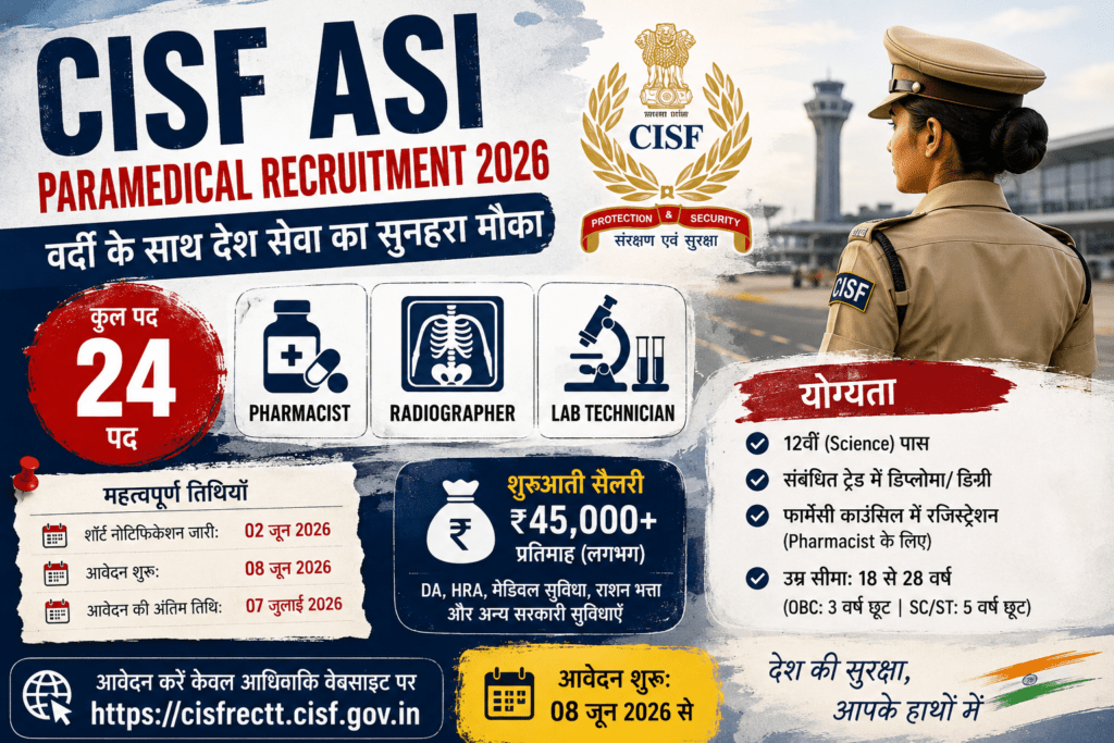 CISF ASI Paramedical Recruitment 2026 Pharmacist Radiographer Lab Technician Vacancy